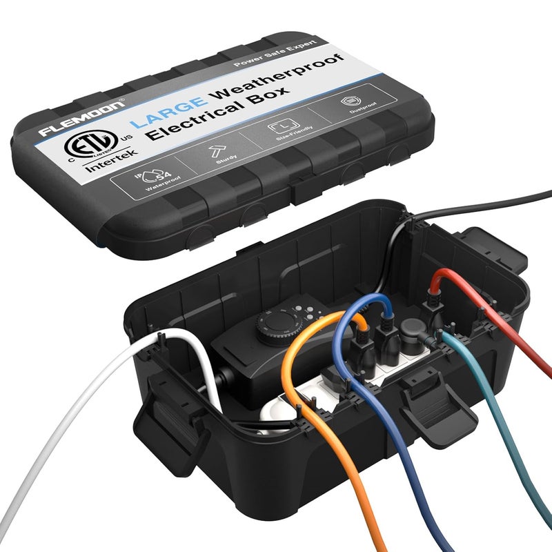 Flemoon Large Outdoor Electrical Box (12.5 x 8.5 x 5 inch), IP54 Waterproof Extension Cord Cover Weatherproof, Protect Outlet, Plug, Socket, Timer, Power Strip, Holiday Light Decoration, Black - Image 1